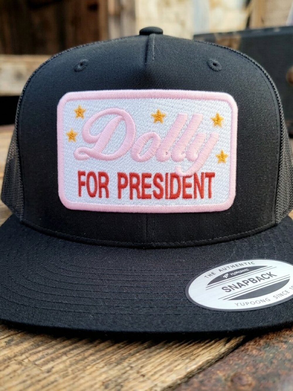Dolly For President Embroidered Patch Black Flat Bill Yupoong Snapback Hat Retro